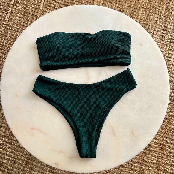 Green Textured Bandeau Bikini Set - Picture 1 of 8